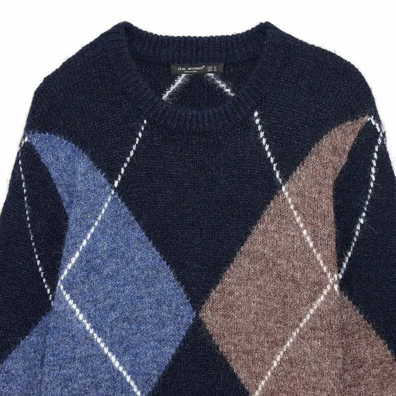 Women Fashion Argyle Sweater Women Female Lazy Style Pullover Female Spring Casual Long Sleeve Diamond Pattern Knit Sweater