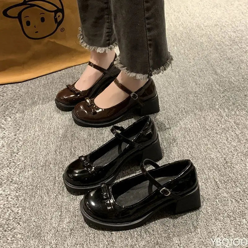 women's Bow versatile high heels Mary Jane thick soled leather shoes Fashion elegant shoes Trendy ladies pumps Zapatos Mujer