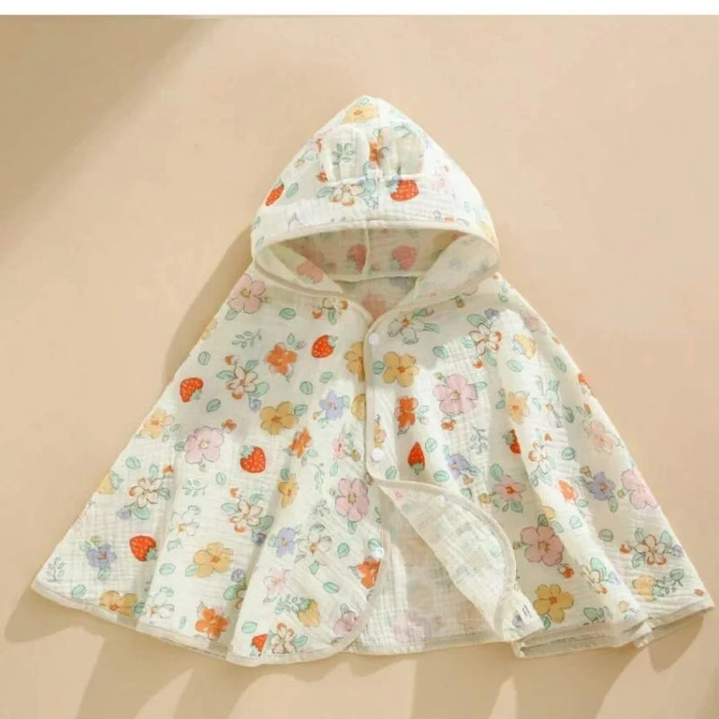 Baby gauze cape bath towel, soft and absorbent. Baby hooded cape, cartoon style bathrobe, children's bath towel.