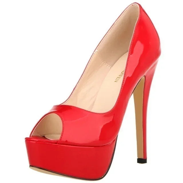 Women Stilettos Sexy Pumps 14cm Extremely Platform Peep Toe High Heels Patent Leather Party Nighclub Dress Red Wedding Shoes
