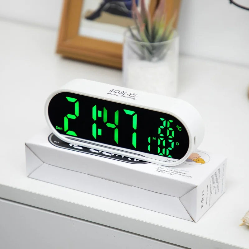 Digital Alarm Clock TEMP Date Week 2 Alarms Night Mode Snooze 12/24H Anti-disturb Voice Control Rechargeable LED Mirror Clock