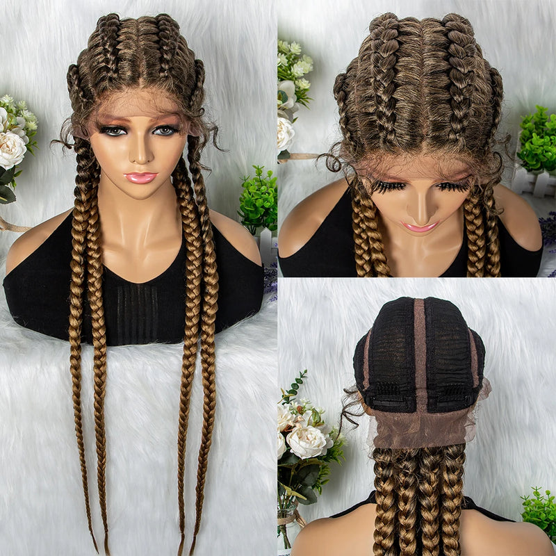 32 inches Large Four Braid Lace Wig for Black Women Braided Wig  Full Lace Box Braids Wig Women Synthetic Braided