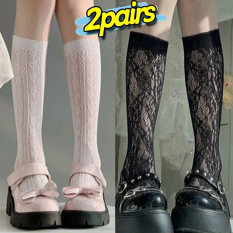 Lace Flower Print Long Socks Lingerie Sexy Floral Mesh High Knee Sock Women Summer Thin Transparent Lolita Kawaii Calf Stockings