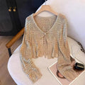 Outdoor Sunscreen Cropped Knit Cardigan Ladies Tie Front Hollow Crochet Shrug Breathable Beach Daily Casual Outerwear