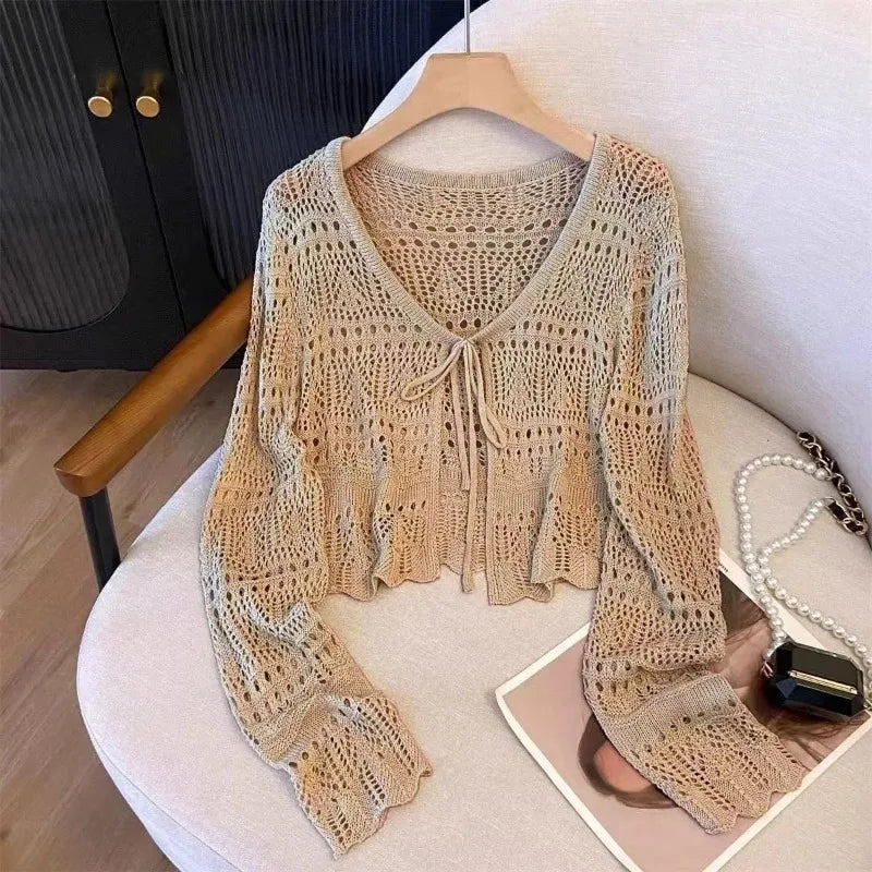 Outdoor Sunscreen Cropped Knit Cardigan Ladies Tie Front Hollow Crochet Shrug Breathable Beach Daily Casual Outerwear