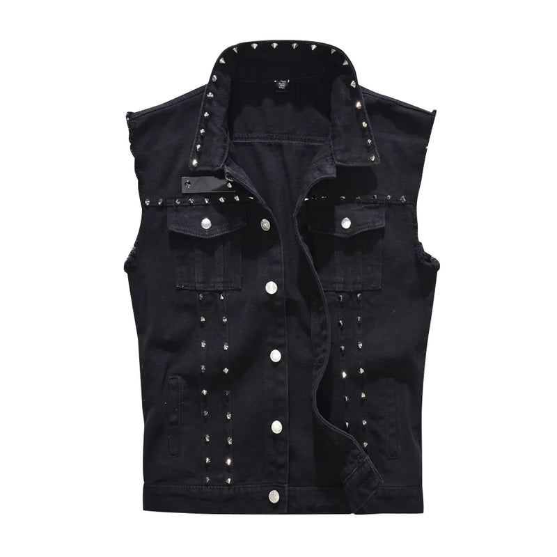 Vests Men Denim Jacket Rivet Spliced Coat Turn Down Collar Slim Fit Vest Sleeveless Coats Streetwear Pocket Button High Street