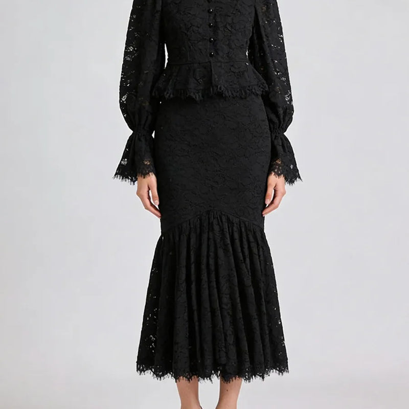 TWOTWINSTYLE Slimming Sheer Spliced Lace Two Piece Sets for Women V Neck Long Sleeves High Waist Irregular Skirt Set Female New