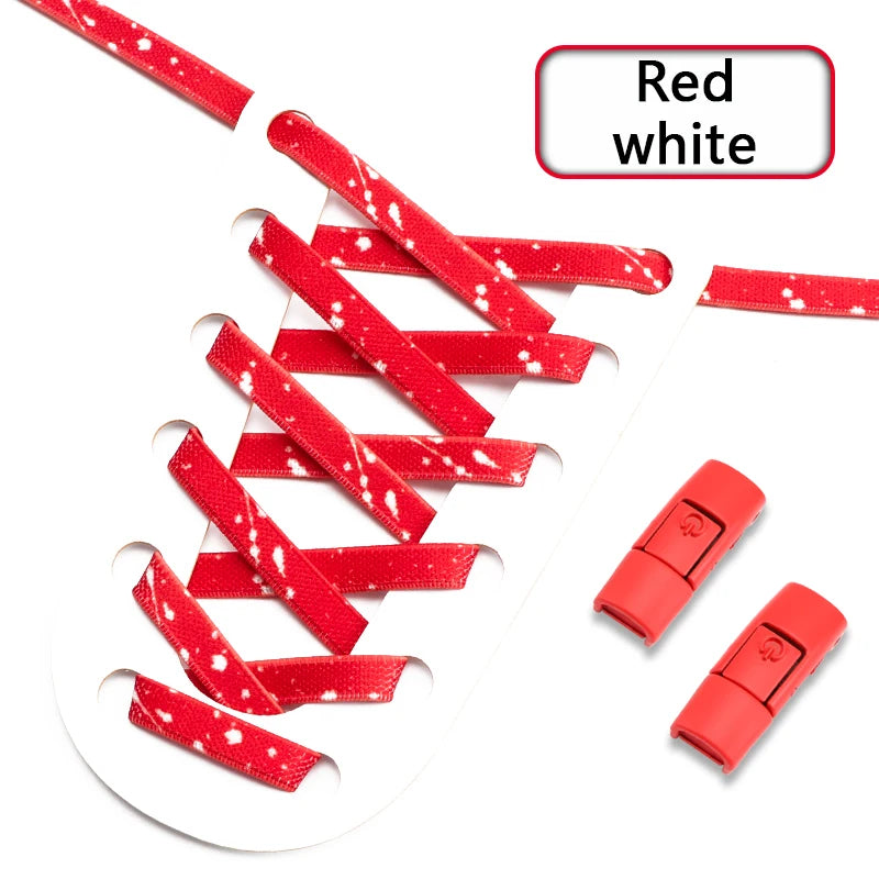 No Tie Shoelaces for Sneakers Colorful Press Metal Lock Shoelace Splashing Ink Print Flat Elastic Laces Without Ties Shoe Laces