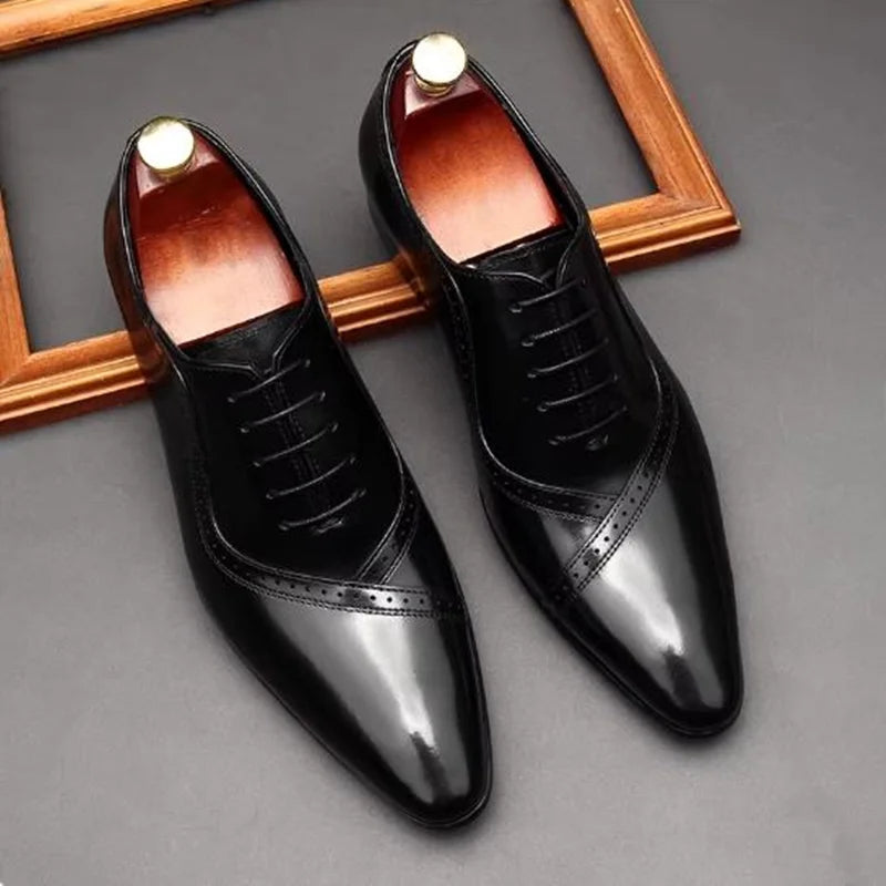 High Quality Cowhide Leather Dress Shoes For Men British Style Pointed Toe Lace-up Genuine Leather Oxford Formal Shoes