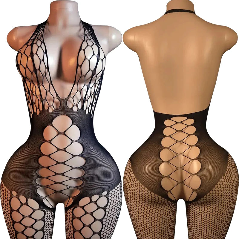 Sexy Crotchless Lingerie For Women Fishnet Teddy Bra Set Erotic Costumes Stretch Mesh Hollow Bodystockings Female Underwear Sets