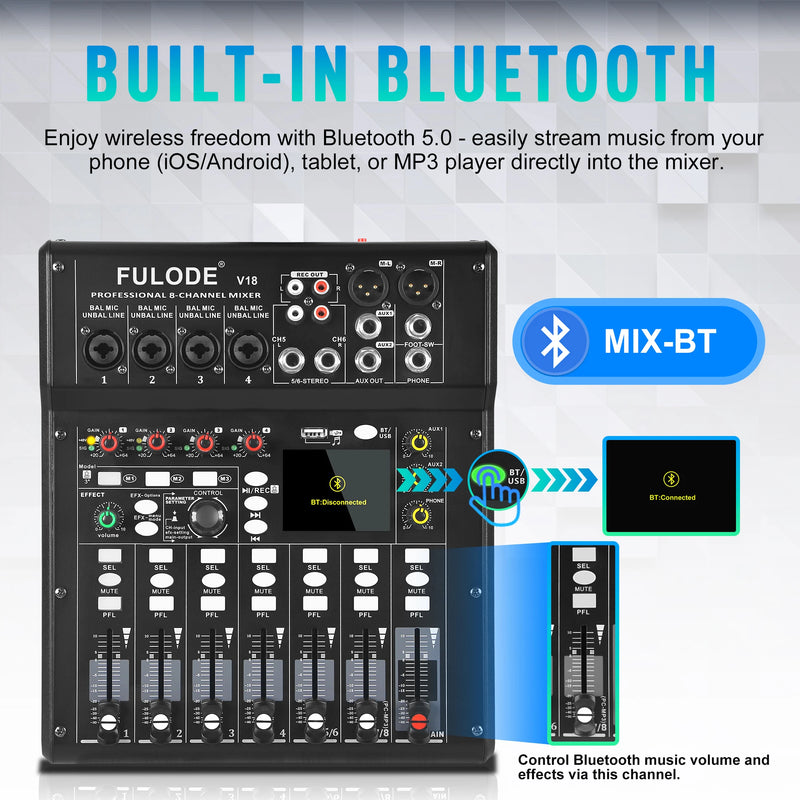 Fuluode 8-Channel Bluetooth Audio Mixer 4-Band EQ  Portable Sound Mixing Console USB Interface Live Recording Studio Karaoke