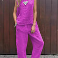 Summer Cotton And Linen Casual Outfits Female Fashion Solid Color Two-piece Set For Women Sleeveless Top Trousers Women's Suit