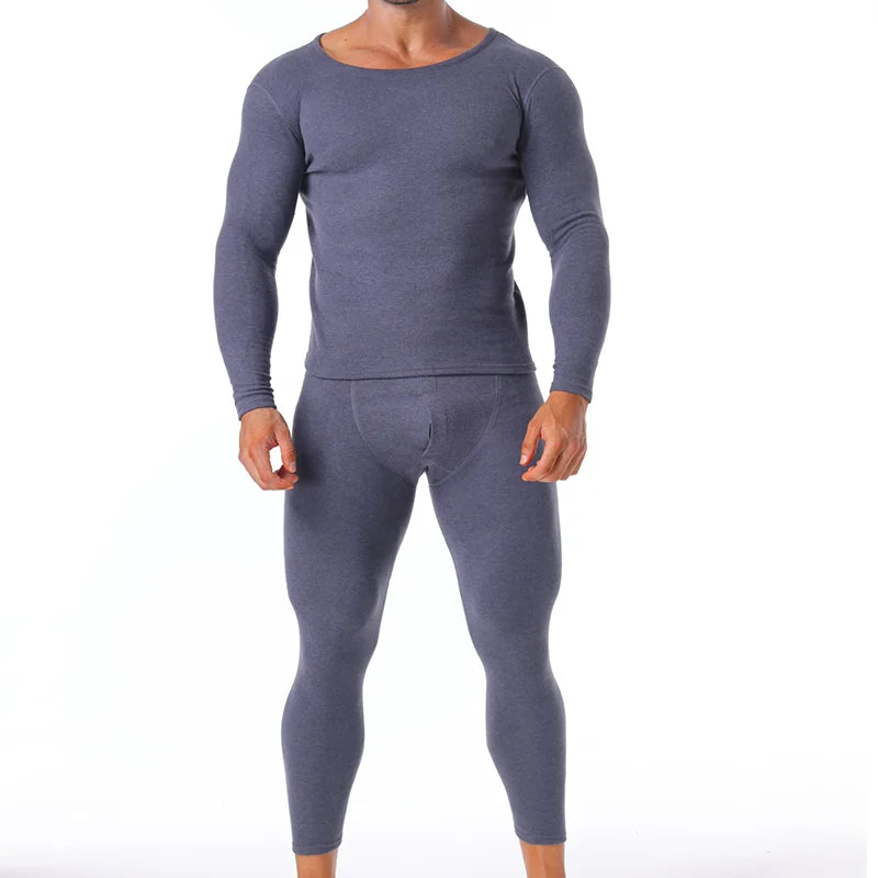 Winter Long Johns Men's Thermal Underwear Thickened Cashmere Silk Base Layer Set  Fleece Warm Pajamas Set Round Neck
