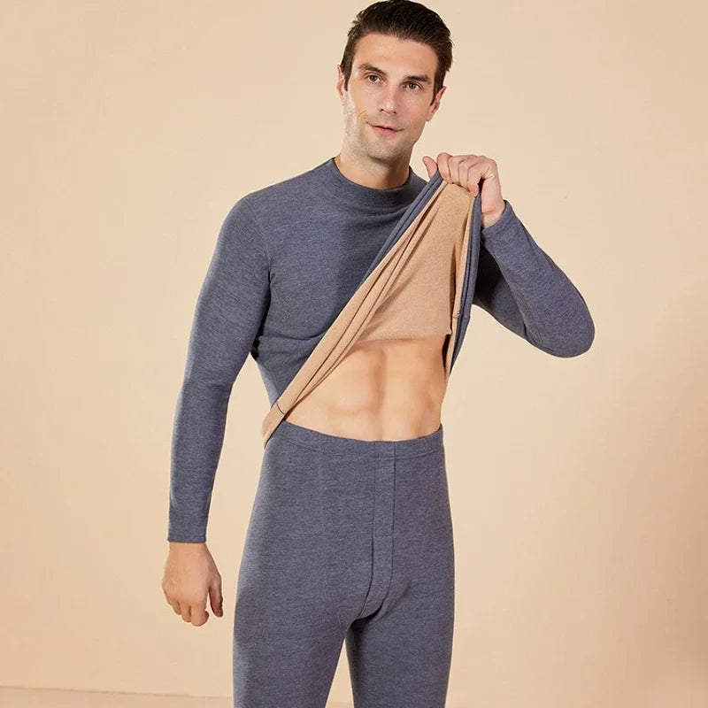Men's Winter Set Half-high Collar First Layer 2 Pieces Tops + Pants Fleece Warm Elastic Thermal Thick Underwear Set