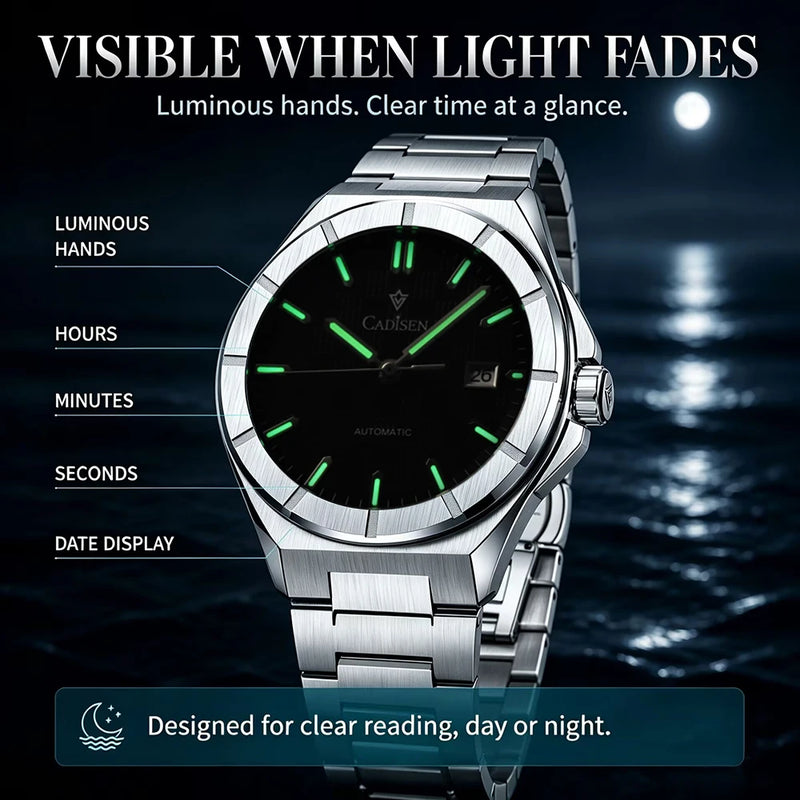 CADISEN Watch Business Automatic Watches Mens Japan 8215 Mechanical Luminous AR Sapphire 100M Waterproof Calendar WristWatch+Box