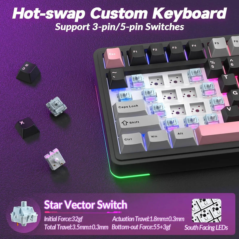 AULA S75 Pro Gaming Mechanical Keyboard 75% Hot Swappable RGB Backlit 4000mAh PBT Keycaps Wireless Keyboard with LED Screen Knob