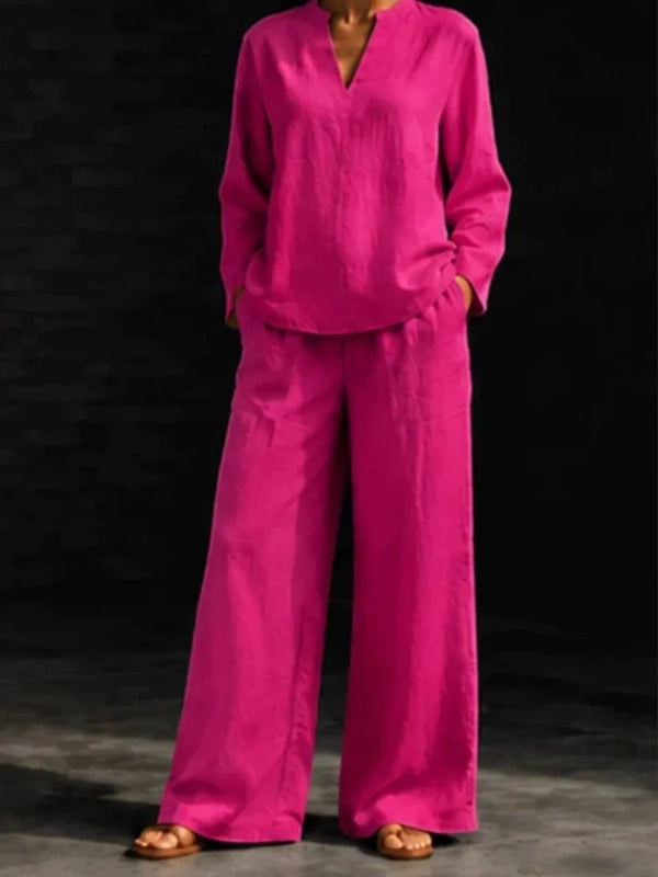 Women 2‑Piece Matching Outfit Long Sleeve Button Shirt High Waist Wide Leg Pant Loose Vacation Street Daily Wear Suit For Ladies