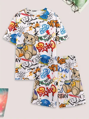 Men's casual pajama set, bear and letter printed T-shirt | SAMAG