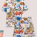 Men's casual pajama set, bear and letter printed T-shirt and shorts, comfortable summer sleepwear