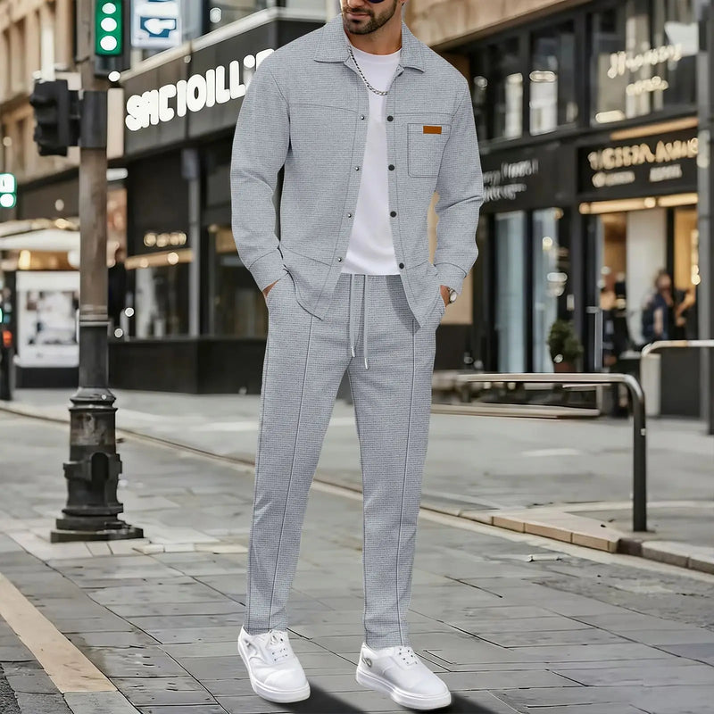 Men's New Style Waffle Plain Color Collar Button - Down Pockets Long - Sleeved Pants Casual Jacket Set - View 3 | SAMAG