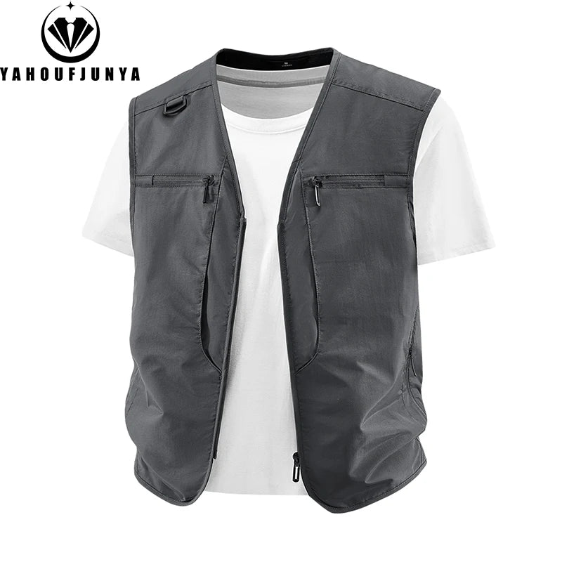 2026 Summer Men Sleeveless Outdoor Cargo Leisure Work Vest Men Pocket Solid Color Fishing Camping Thin Vest Male Waistcoat 8XL