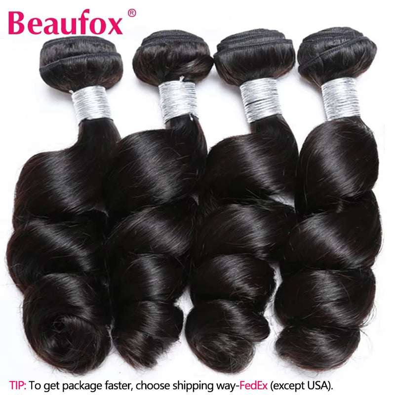 Beaufox Loose Wave Human Hair Bundles With Closure Indian Hair Weave 3/4 Bundles With Lace Closure Wavy Human Hair Extensions