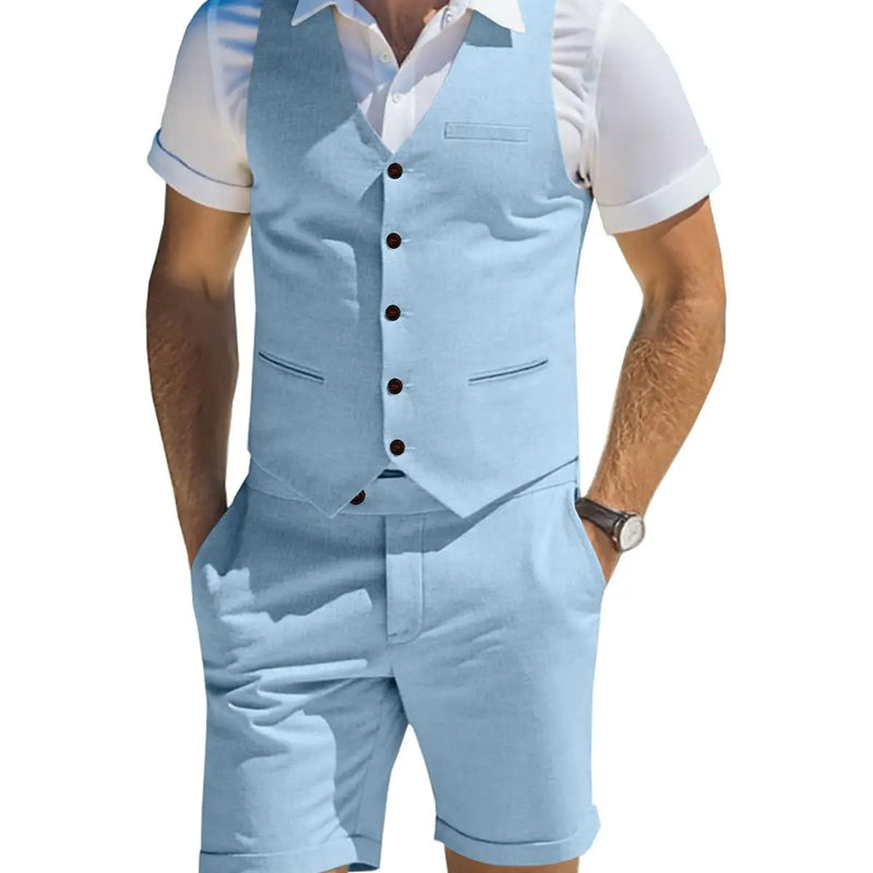 Men's Suit Linen 2 Piece Vests Short Pants Suits for Men Casual Summer Beach Groomsmen Wedding Waistcoat Set