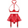 Lingerie Sexy Set Women Wetlook Patent Leather Wire-free Open Cup Sexy Bra with Ruffle Built-in Thongs Garter Belt Mini Skirts