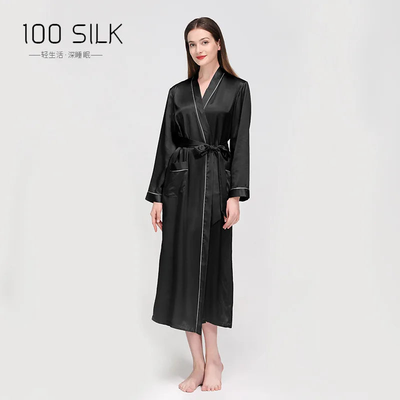 Birdtree 19 Momme 100%Pure Silk Long Robe for Women Silky Sleepwear Ladies Elegant Nightgown Natural Pajamas P36089QM