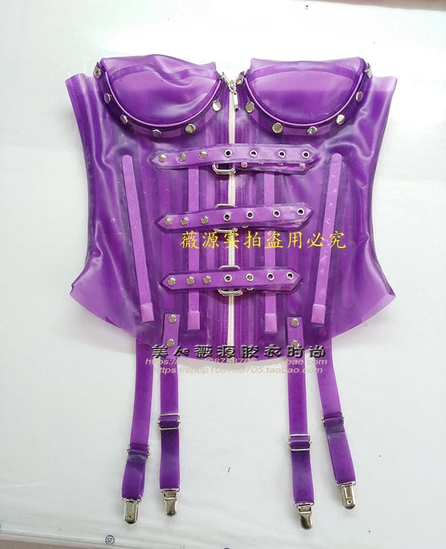 Sexy Red 0.8mm Thicker Latex Corset Bustier Body Shape Detachable Breast Cup with Front Zip Back Lace