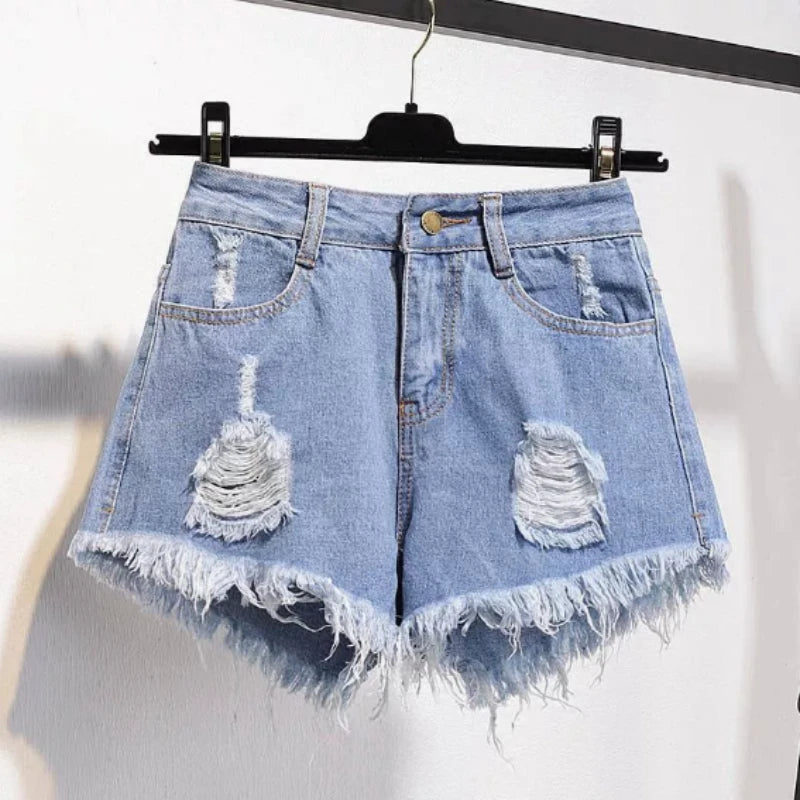Large Size High-Waisted Denim Shorts for Women Summer Ruffled Wide-Leg Hot Pants Loose Fit A-Line Basic Short Jeans