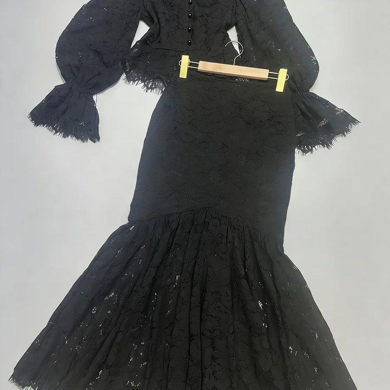 TWOTWINSTYLE Slimming Sheer Spliced Lace Two Piece Sets for Women V Neck Long Sleeves High Waist Irregular Skirt Set Female New