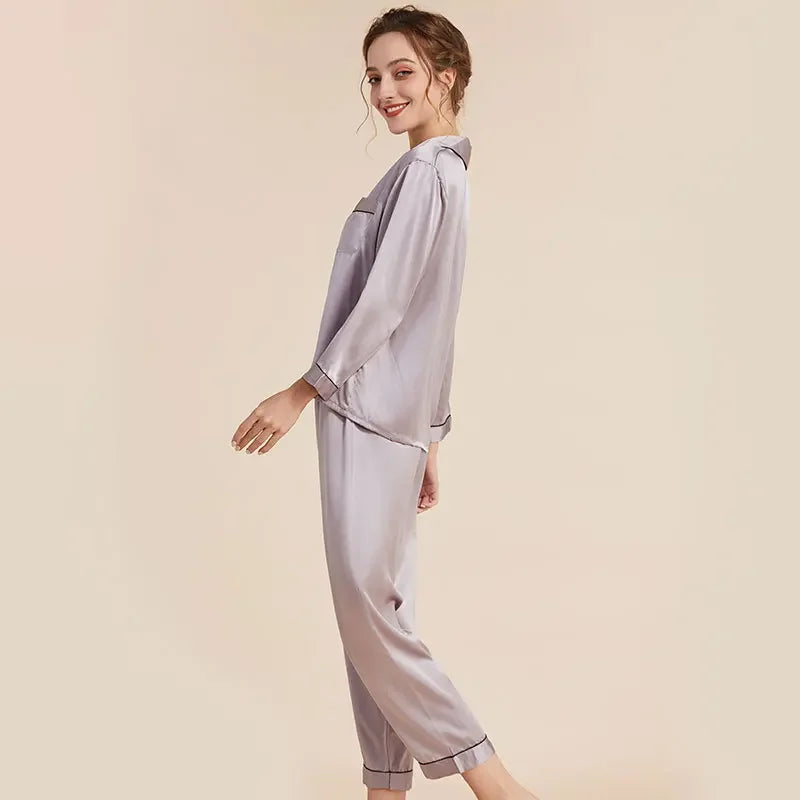 Tcyeek, 100%Real Silk Casual Pajamas Set, Women Long Sleeve Top Pants, Solid Home Clothing Set, 2024 Summer Autumn S48024QC