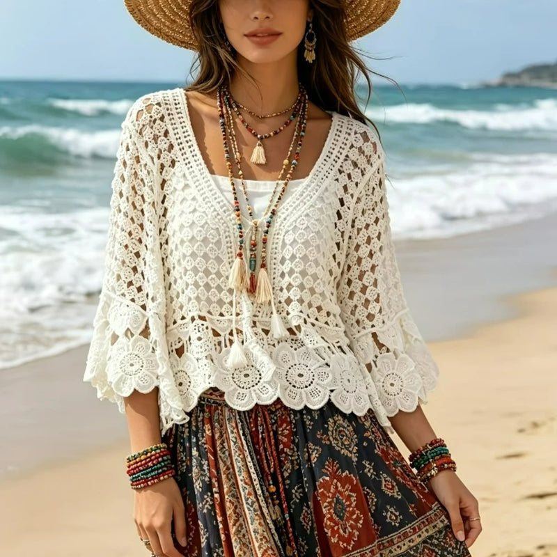 Bohemian Style Crochet Lace V Neck Cardigan Beachwear - View 3 | SAMAG