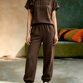 Women Letter Print 2 Piece Tracksuit Set, Short Sleeve Hooded Top & Elastic Waist Jogger Pants, Casual Loose Matching Loungewear Outfit For Daily Street Wear