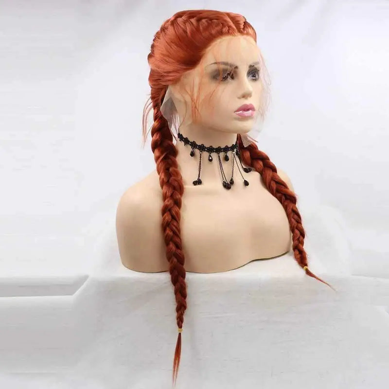 Synthetic Copper Red Braid Lace Front Wigs 360#Color Double Braided Wig Heat Resistant Fiber Long Braid Wig With Baby Hair