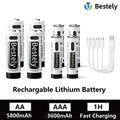 AA AAA Battery 1.5V 5800mAh and 3600mAh Lithium Rechargeable Batteries Fast Charging Li-ion Battery 2000 Cycles Type-C Cable