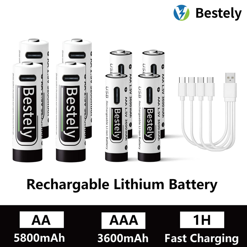 AA AAA Battery 1.5V 5800mAh and 3600mAh Lithium Rechargeable Batteries Fast Charging Li-ion Battery 2000 Cycles Type-C Cable