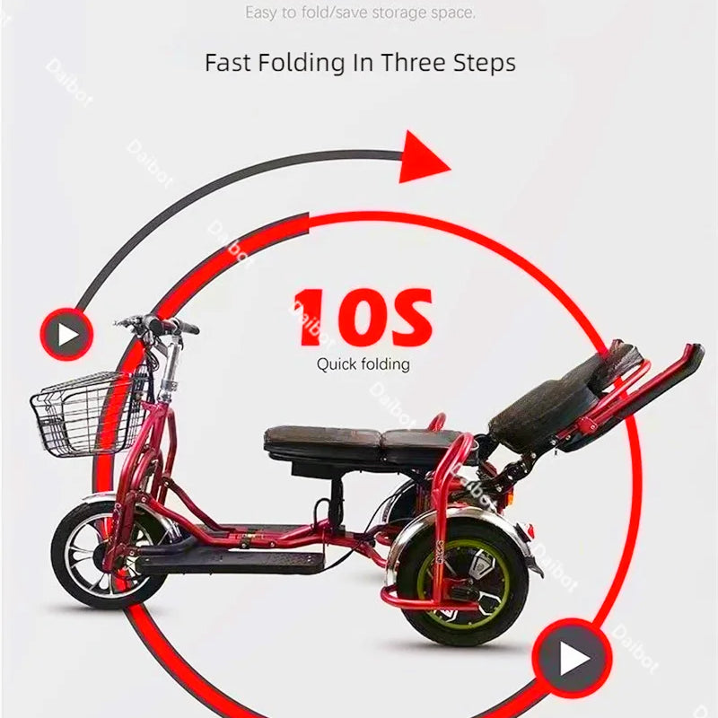 Small Parent Child Elderly Electric Tricycle Folding For Family 500W Electric Scooter Women With Adjustable Backrest/Seat/Basket