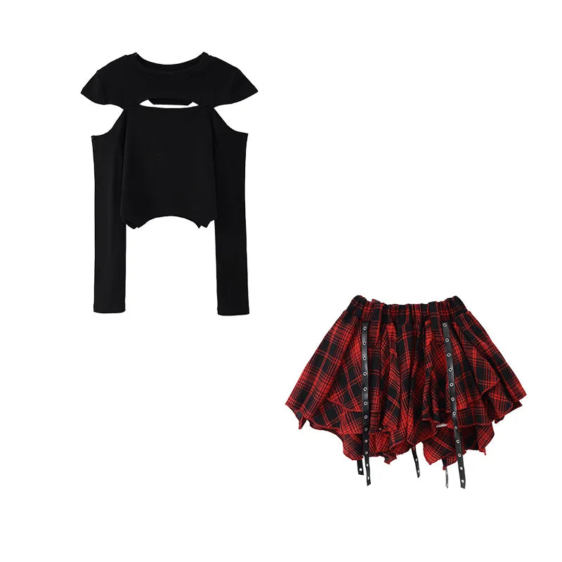 Girls Hip Hop Costume Black Top Plaid Street Dance Skirt | SAMAG