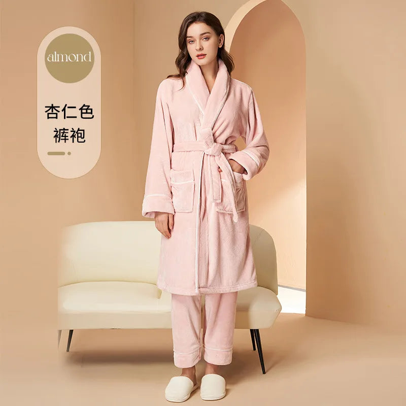 Flannel Couple Robe And Pant Set Warm Autumn Winter Thick Coral Fleece Pajamas Women's Bathrobe Men's Sleepwear Loose Home Cloth