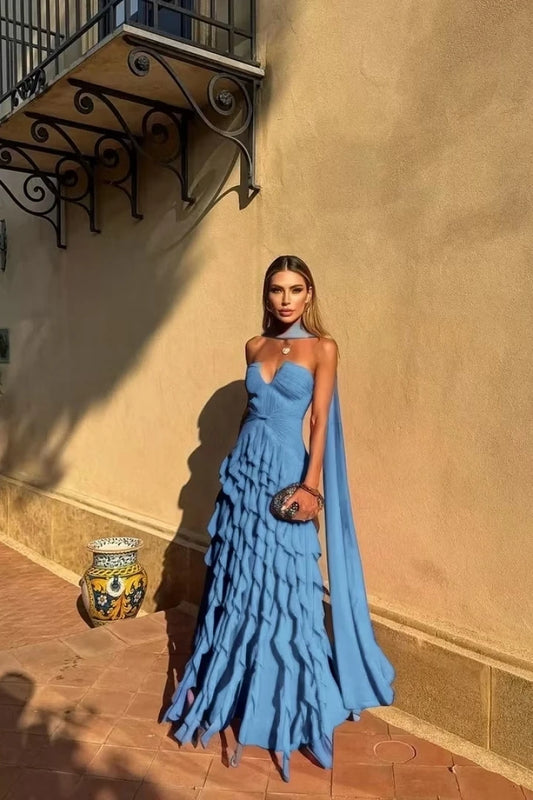Halter Long Train Evening Gown Sweetheart Multi Layer | SAMAG