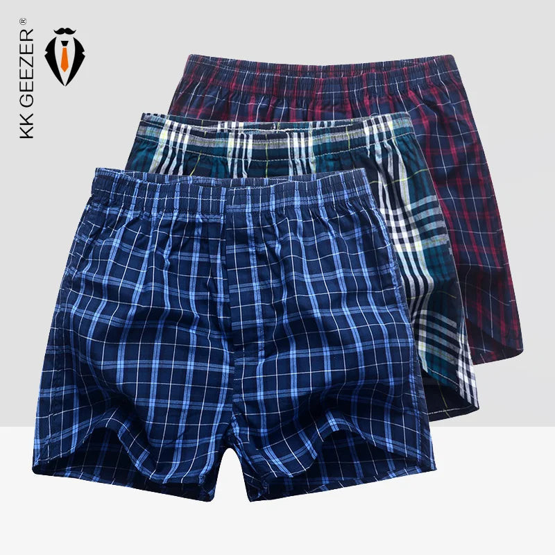 3Pcs/Lot Men Boxer Plaid Underpants 100% Cotton Underwear Male Sleep Bottoms Shorts Brand Top Quality Loose Homewear Oversize