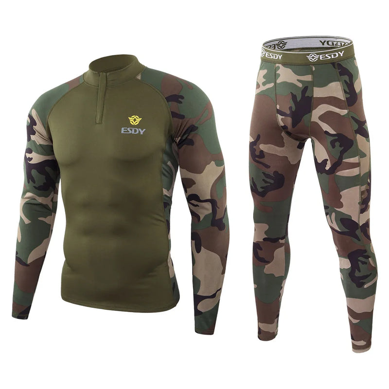 New Outdoor Sports Underwear Camo Training Long-Seeved Tops + Pants Suit Fitness Camping Army Hiking Hunting Underwear Clothes