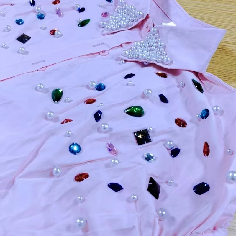 Real Photo Pearls Beads Stitch Cotton Loose Casual Shirts - View 6 | SAMAG