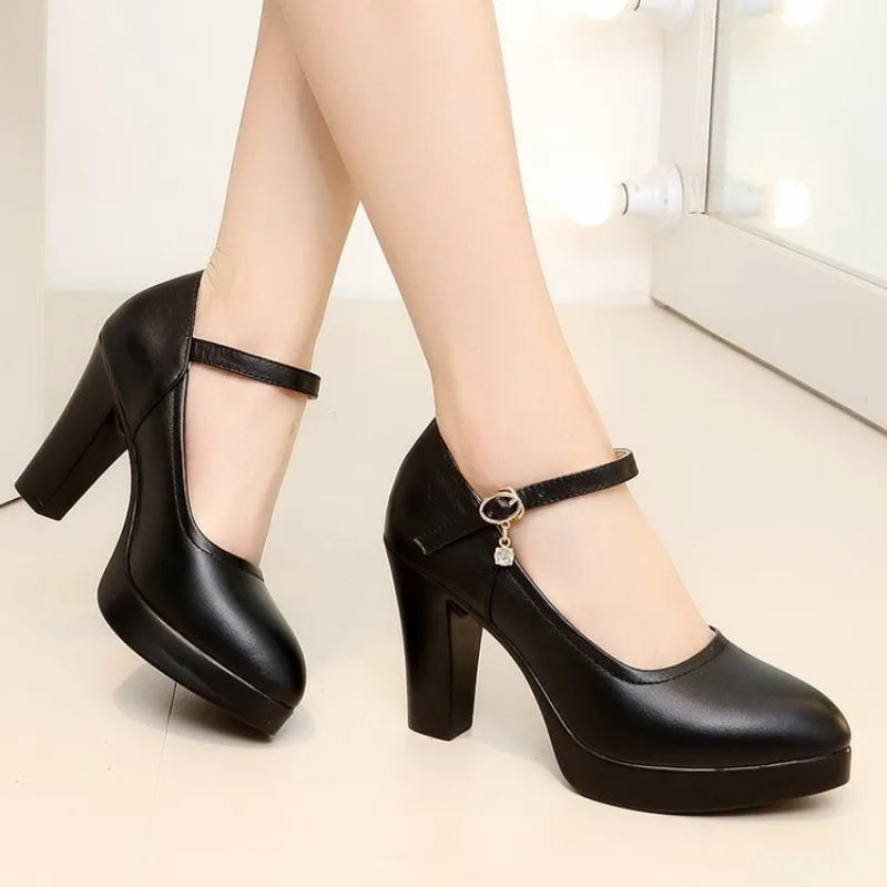 2025 New Casual Round Head Coarse Heel Professional Black Work Women's High Heels One Button Water Diamond Women's Single Shoes