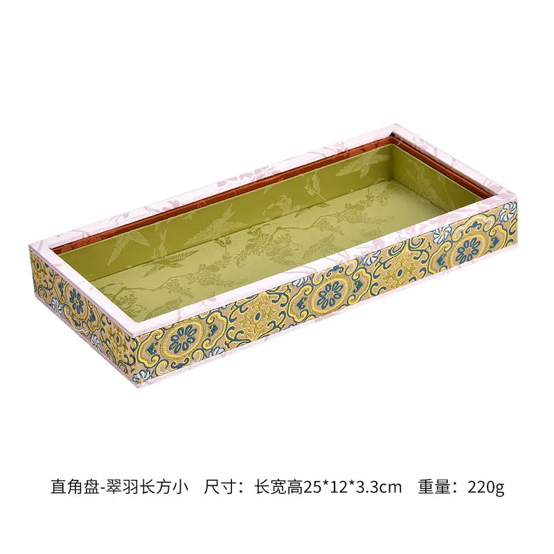 Luxury Chinese Vintage Silk Wooden Jewelry Box, Countertop Display Tray for Perfume Ring Bracelet, Velvet Gemstone Jade Storage