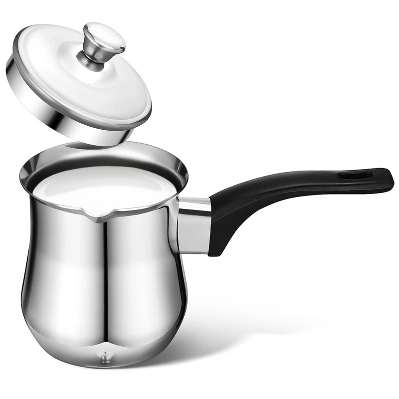 Stainless Steel Turkish Coffee Pot 360Ml Long Handle Lid Milk Warmer Pot Tea Brewing Small Sauce Pan Stovetop Induction Coffee