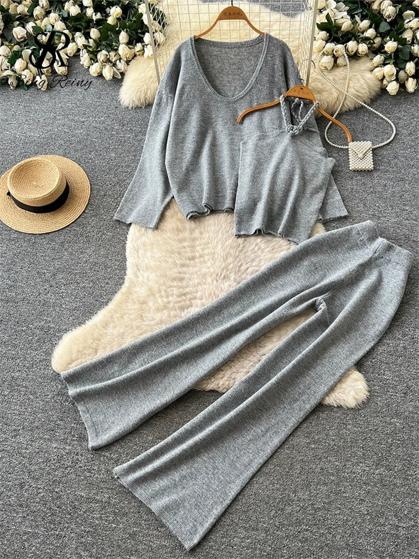 SINGREINY Lazy Knitwear Autumn Suits Simple Loose Pullover+Halter Mini Tank Top+Wide Leg Pants Women Sensual Sweater 3Pcs Sets