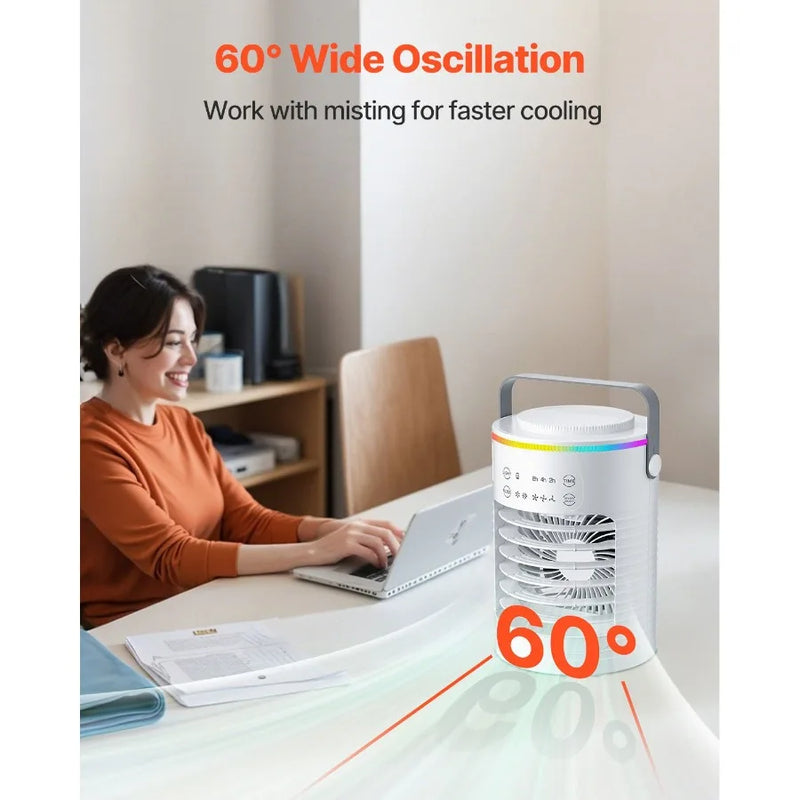 Portable Air Conditioner, 4-in-1 Evaporative Air Cooler, 3-Speed Mini Air Conditioner with Smart Timer, 600ml Water Tank, 7-Col